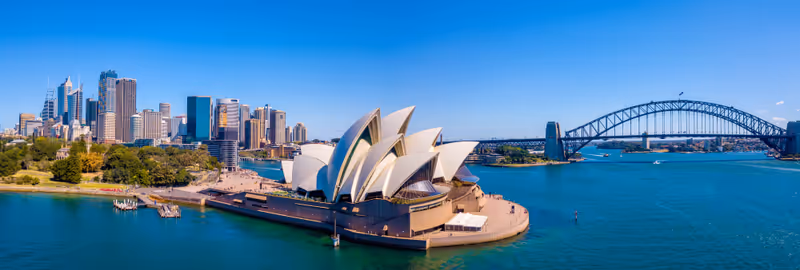 Amazing aerial footage view of the Sydney city from above with Harbour bridge, Opera house ant the harbour. April 10, 2016. Sydney, Australia