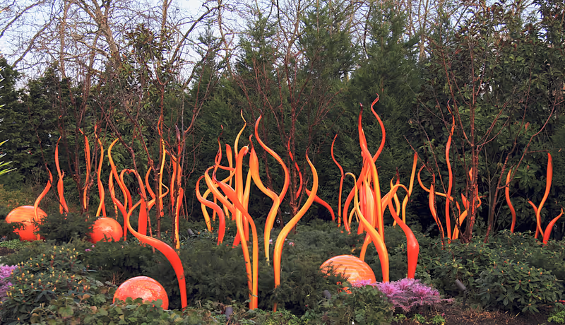 SEATTLE, WASHINGTON - SEPTEMBER 5, 2015: Blown glass in abstract shapes in Chihuly Garden and Glass Museum in Seattle, Washington