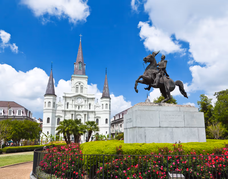 Saint Louis Cathedral and statue of Andrew Jackson in the Jackson Square New Orleans