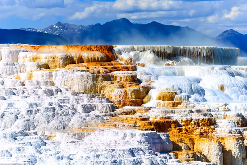 Sideways view of Canary Spring and terraces in the Mammoth Hot Spring area of Yellowstone National Park