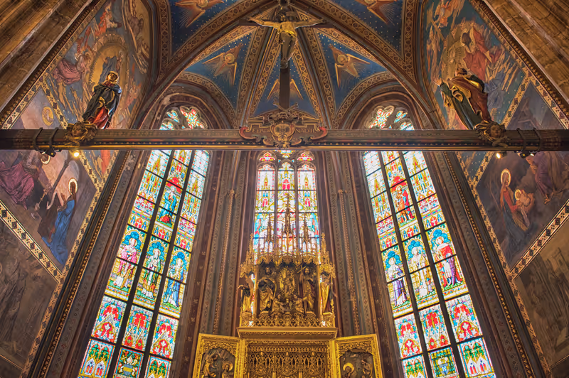 PRAGUE, CZECH REPUBLIC - 10 AUGUST, 2017 - The Prague's Gothic jewel, St. Vitus Cathedral, is the most famous church at Prague Castle.