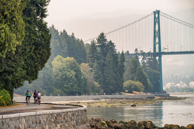 Biking along Stanley Park in Vancouver, Canada.